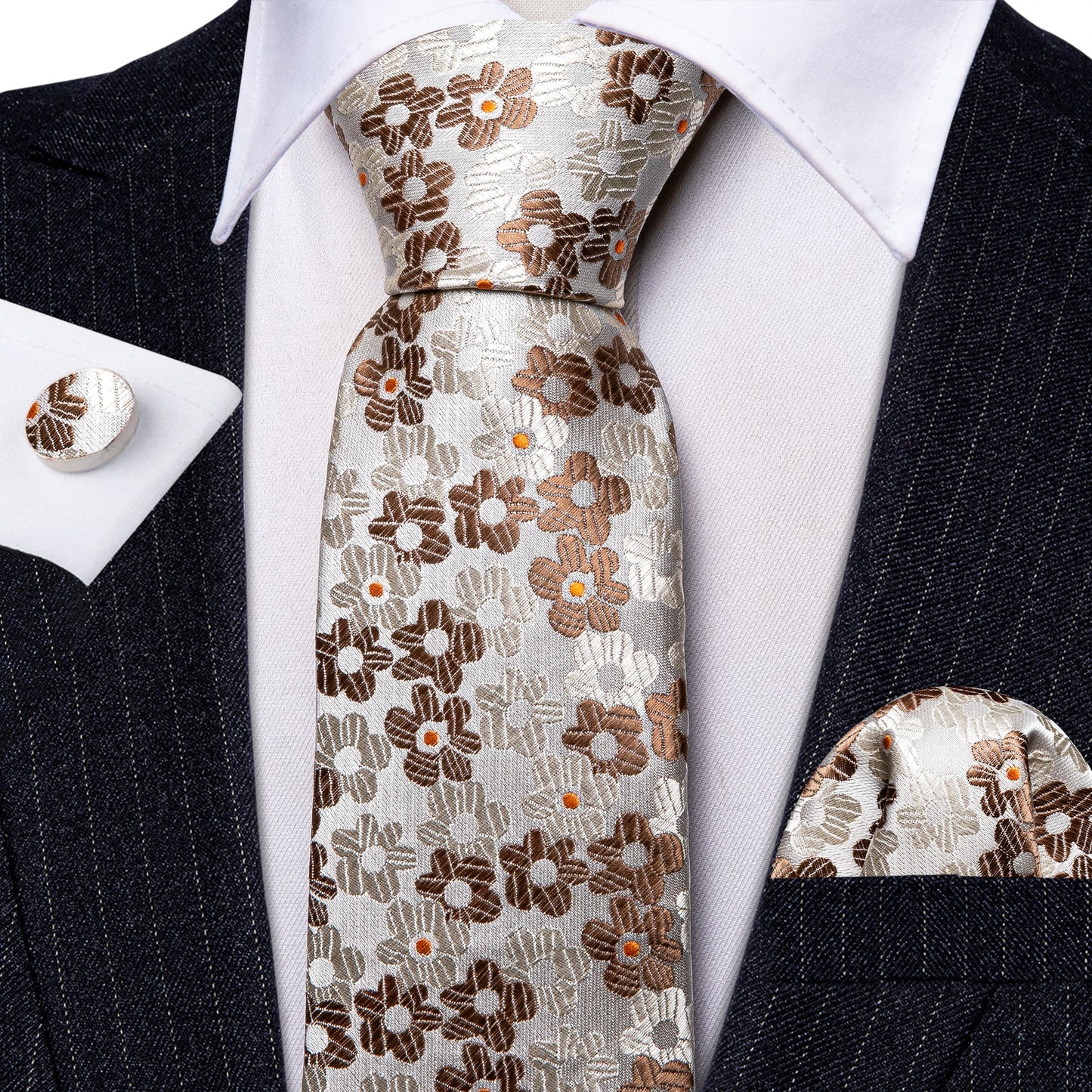 Brown Creamy Beautiful Flowers Tie Set