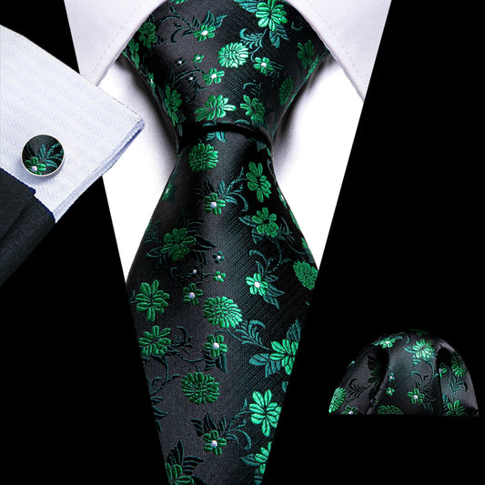 Beautiful Green Flowers In Black Silk Tie Set