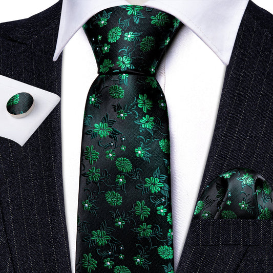 Beautiful Green Flowers In Black Silk Tie Set