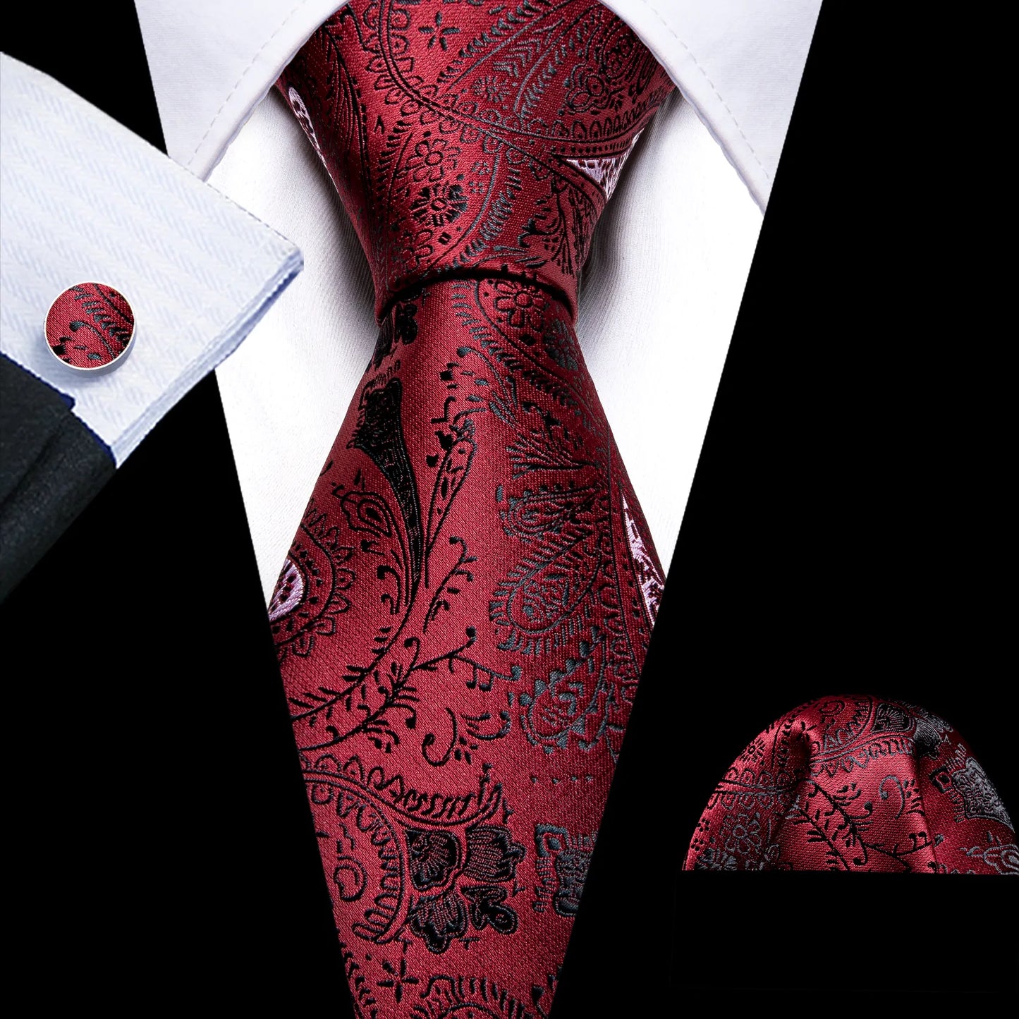 Luxury Red with Black Floral Tie Set