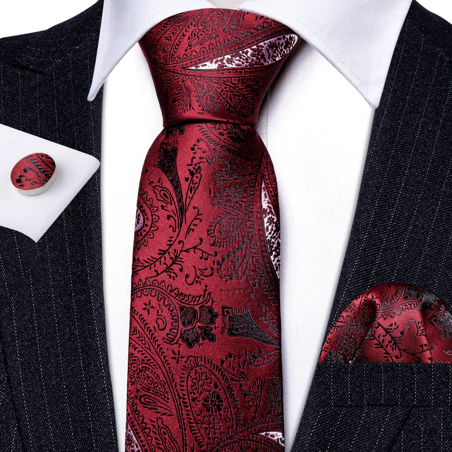 Luxury Red with Black Floral Tie Set