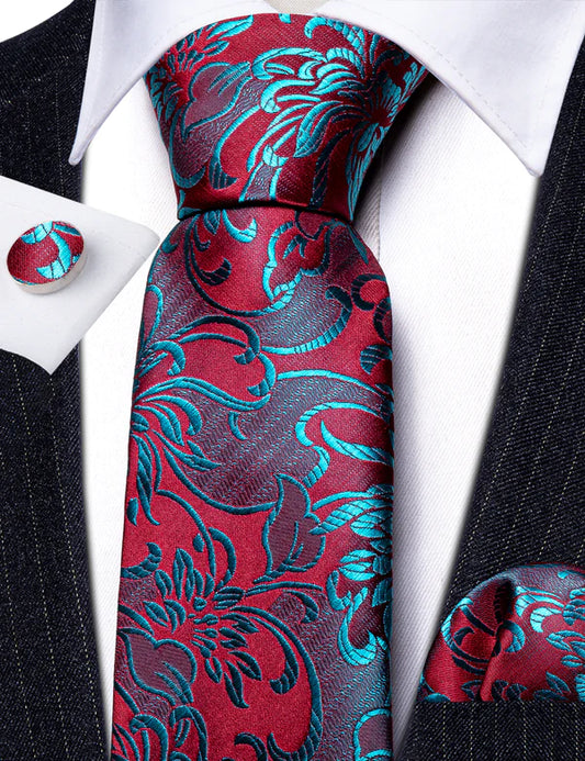 Beautiful Blue Floral In Red Tie Set