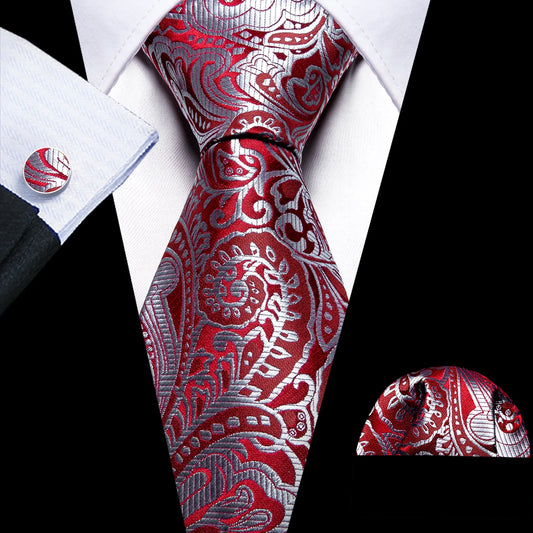 Silver Floral In Red Tie Set