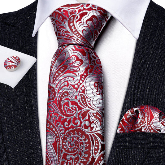 Silver Floral In Red Tie Set