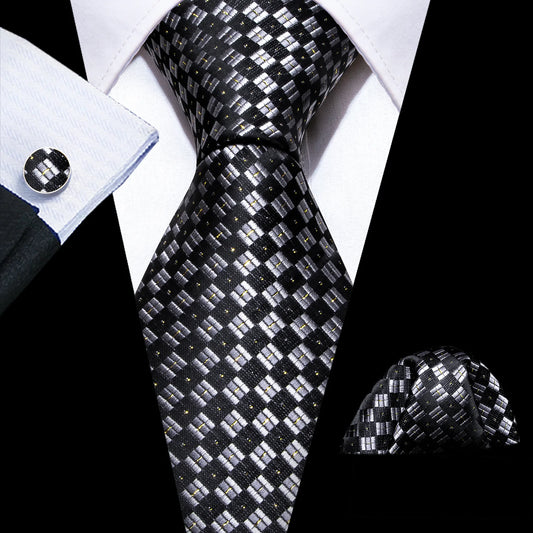 Black and Gray Diamond Shape Silk Tie Set