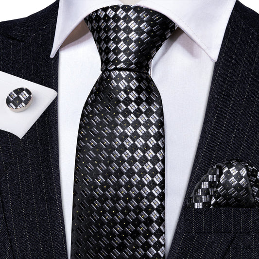 Black and Gray Diamond Shape Silk Tie Set