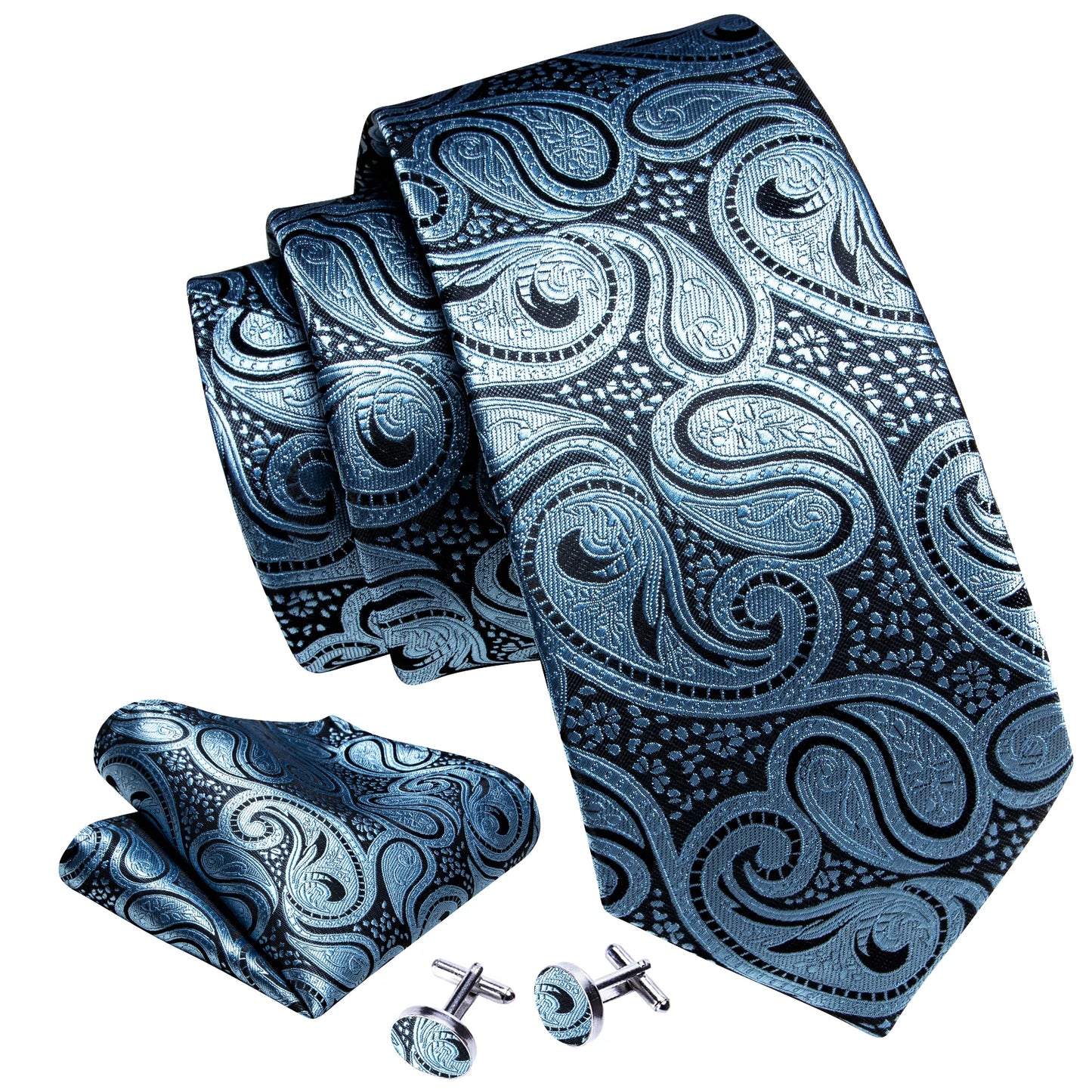 Sky Blue Leaves Silk Tie Set