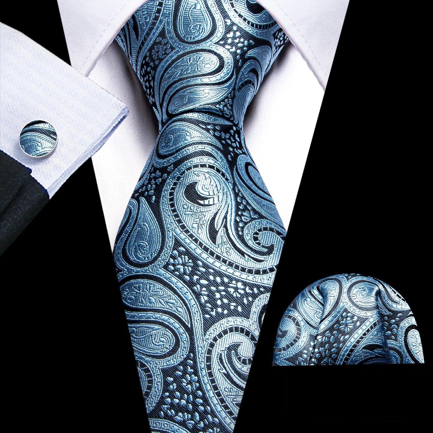 Sky Blue Leaves Silk Tie Set