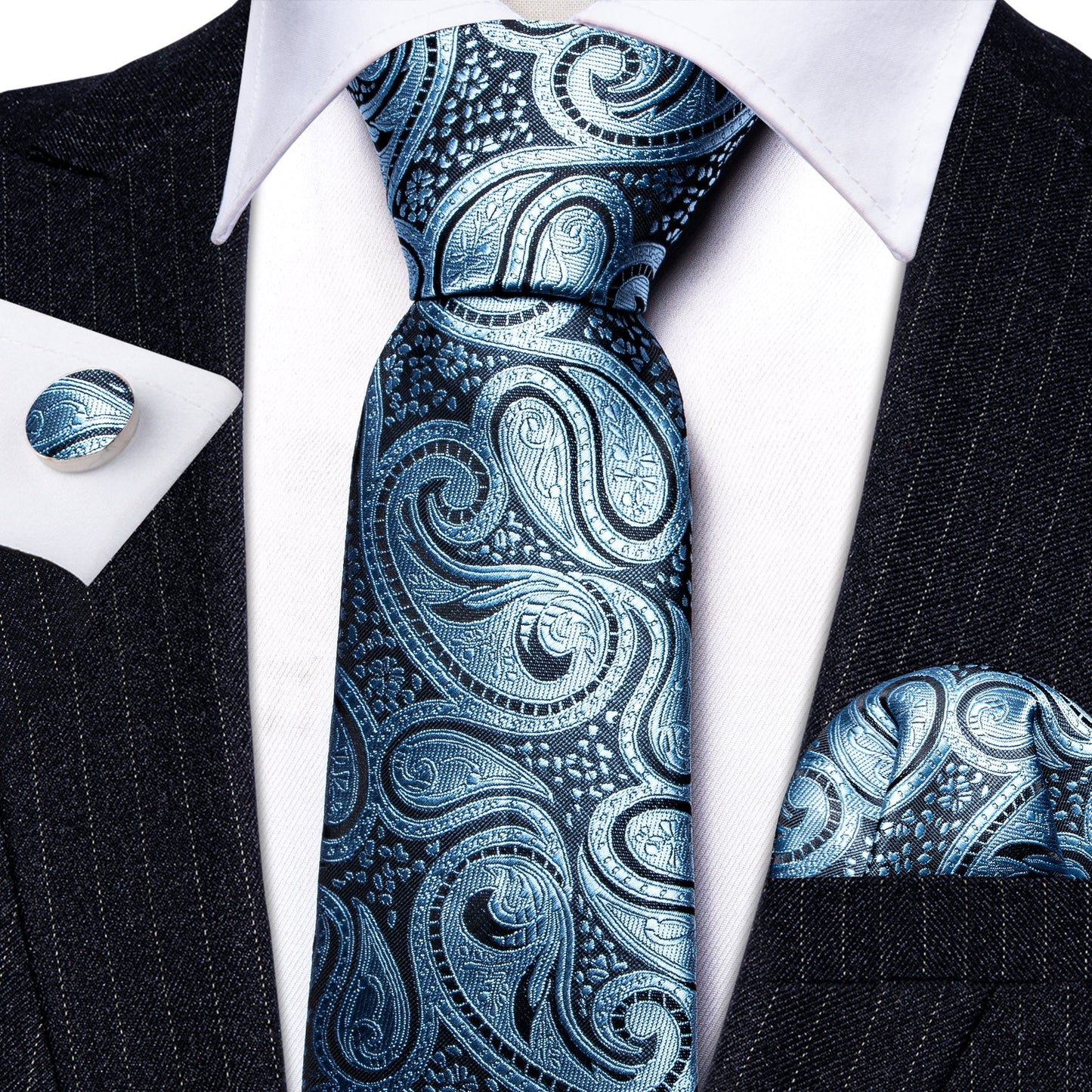 Sky Blue Leaves Silk Tie Set