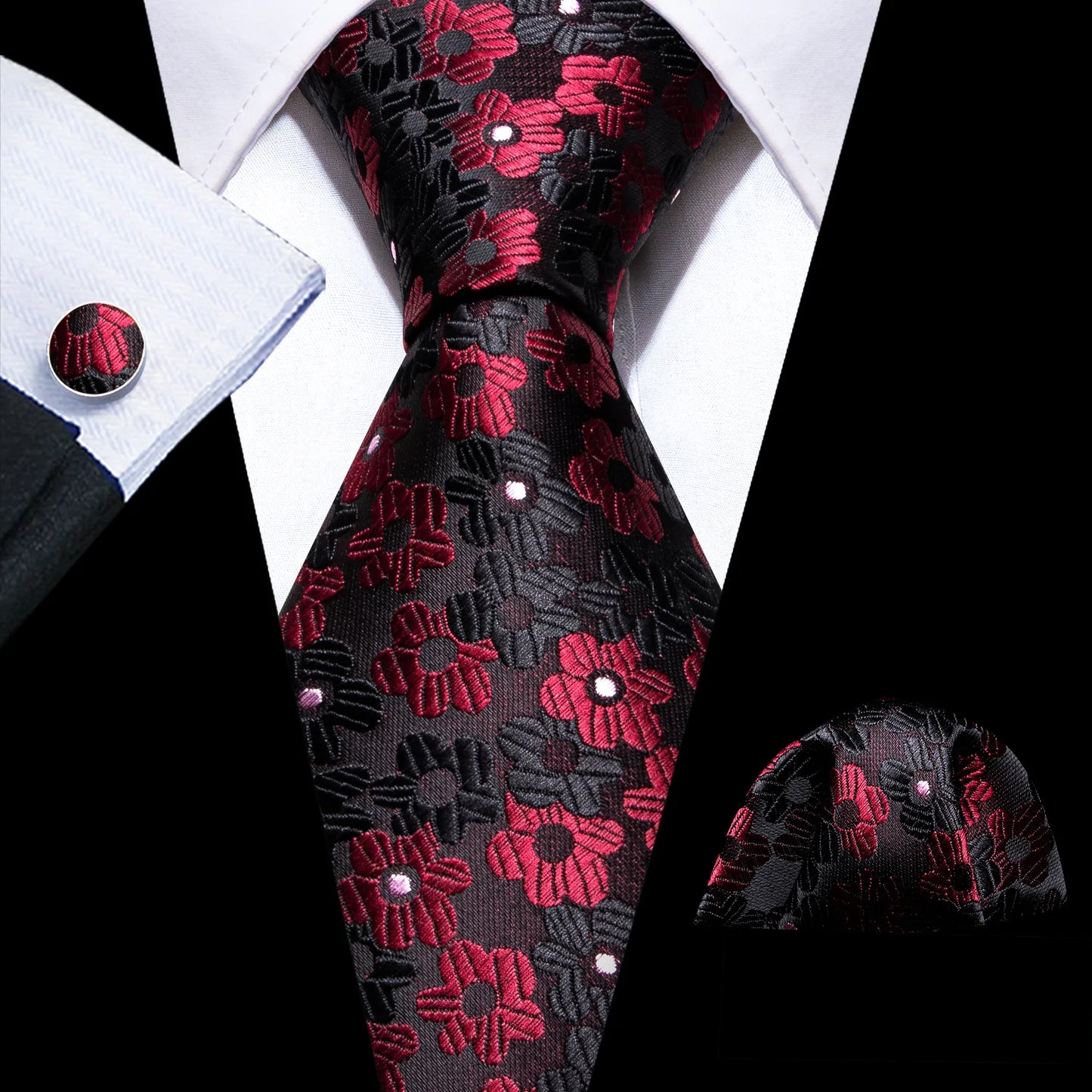 Red and Black Floral Silk Tie Set