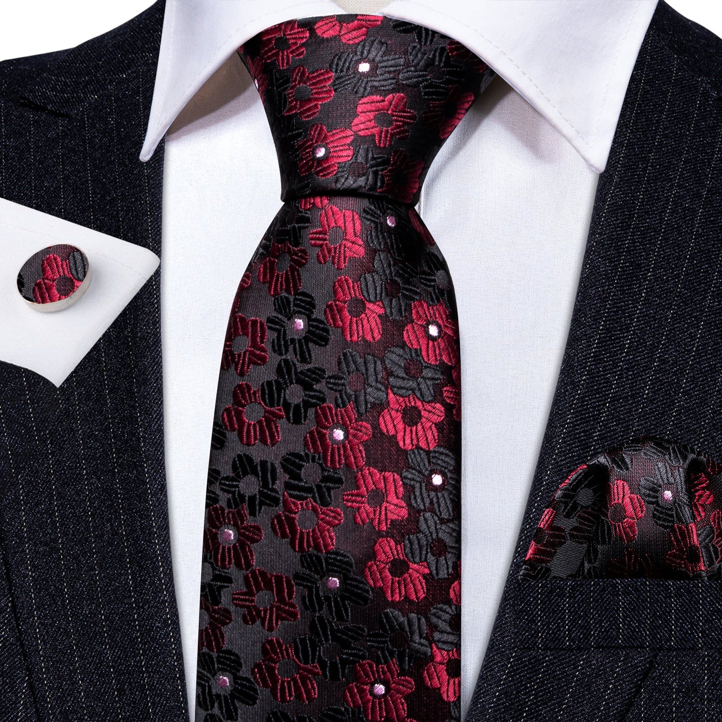 Red and Black Floral Silk Tie Set