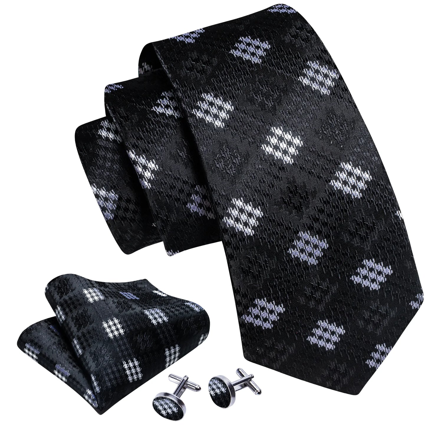 White Square In Black Silk Tie Set