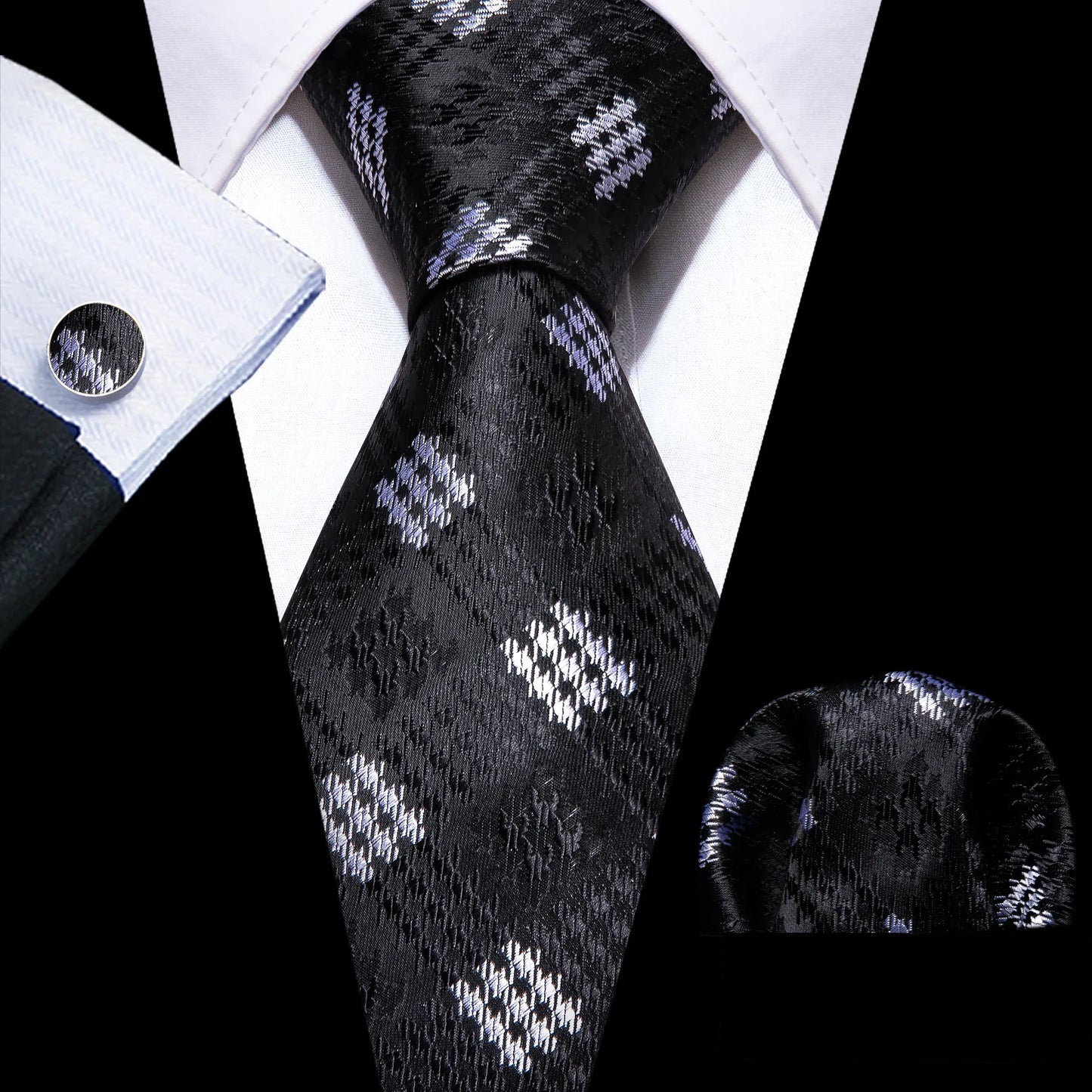 White Square In Black Silk Tie Set