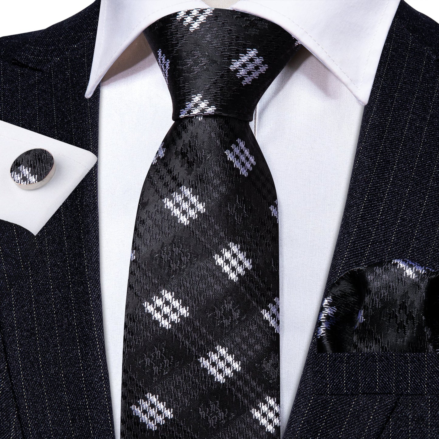 White Square In Black Silk Tie Set