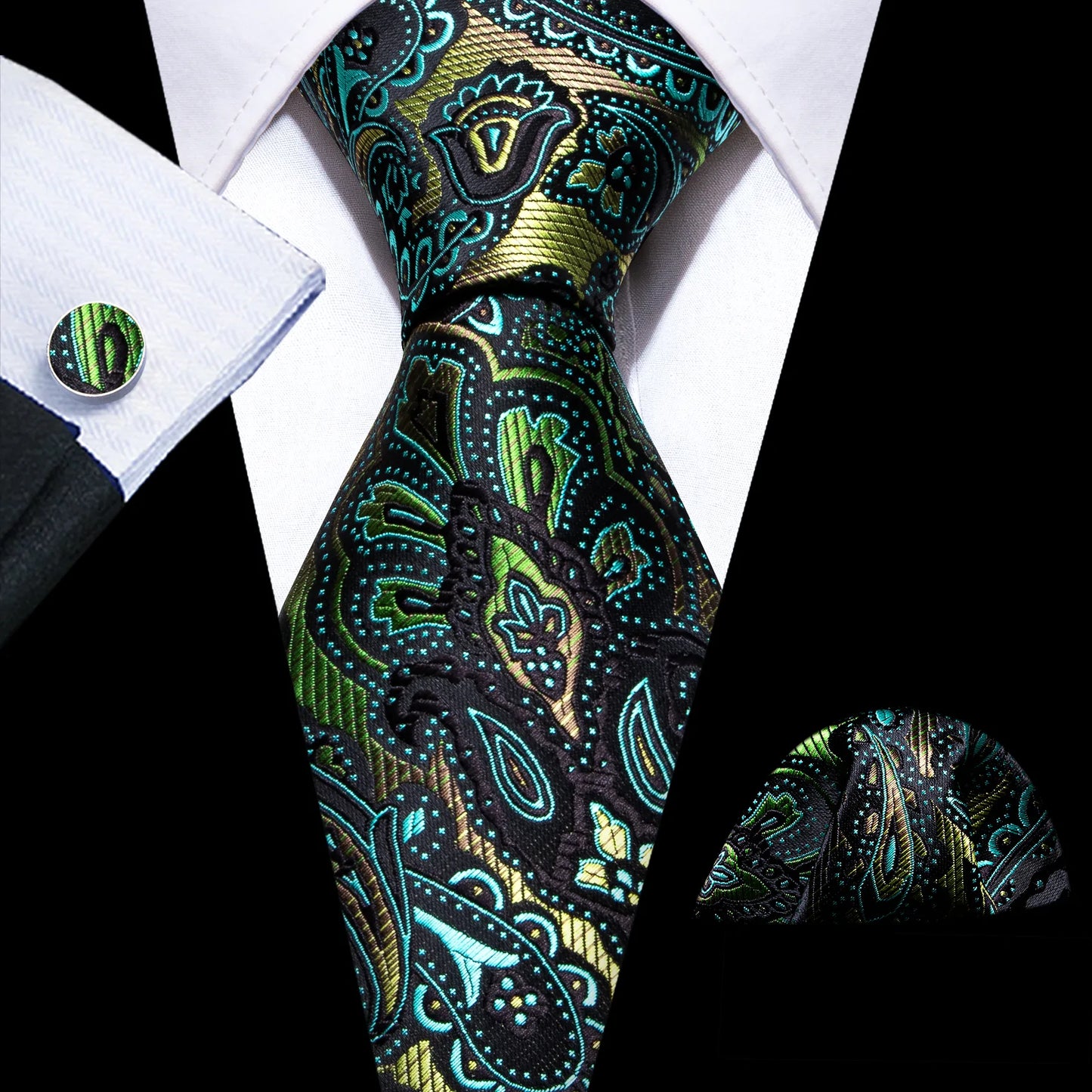 Green and Gold Butterfly Silk Tie Set