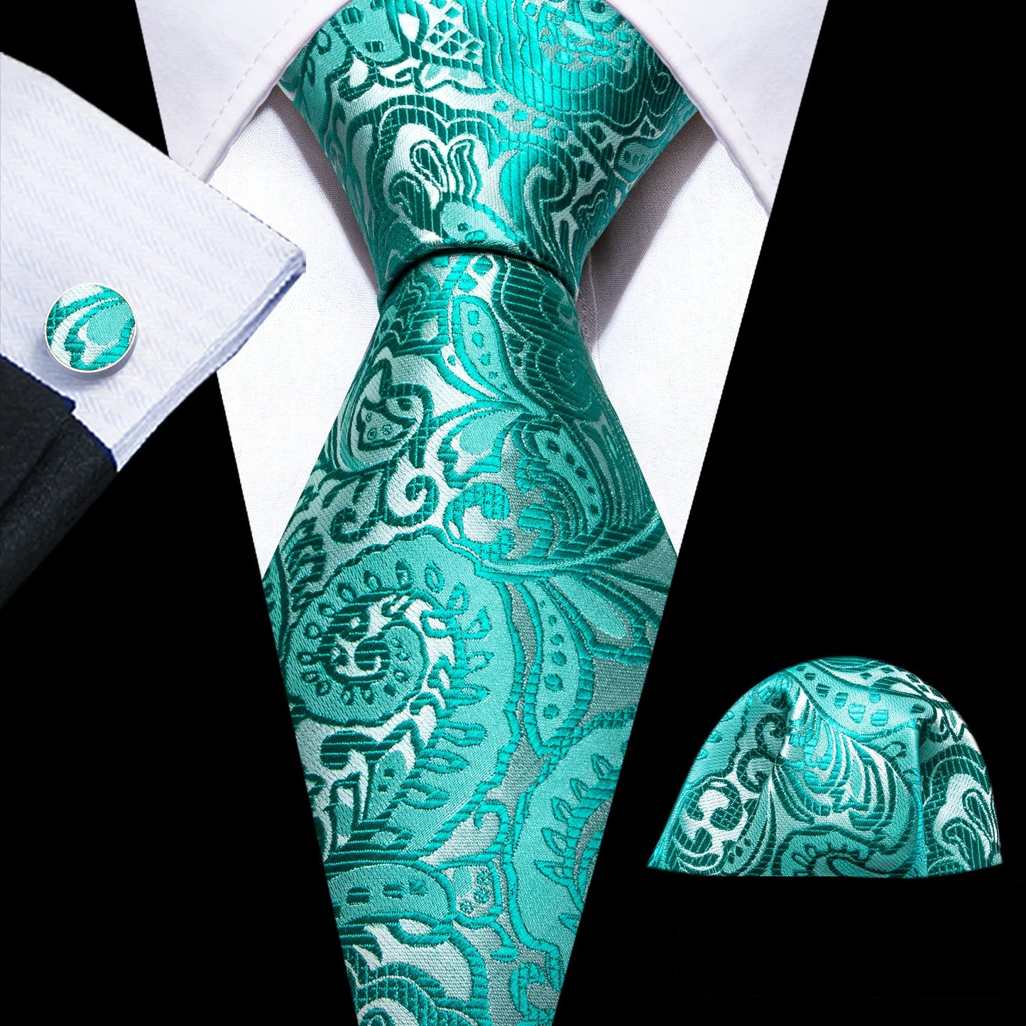 Turquoise Floral Silk Tie Set