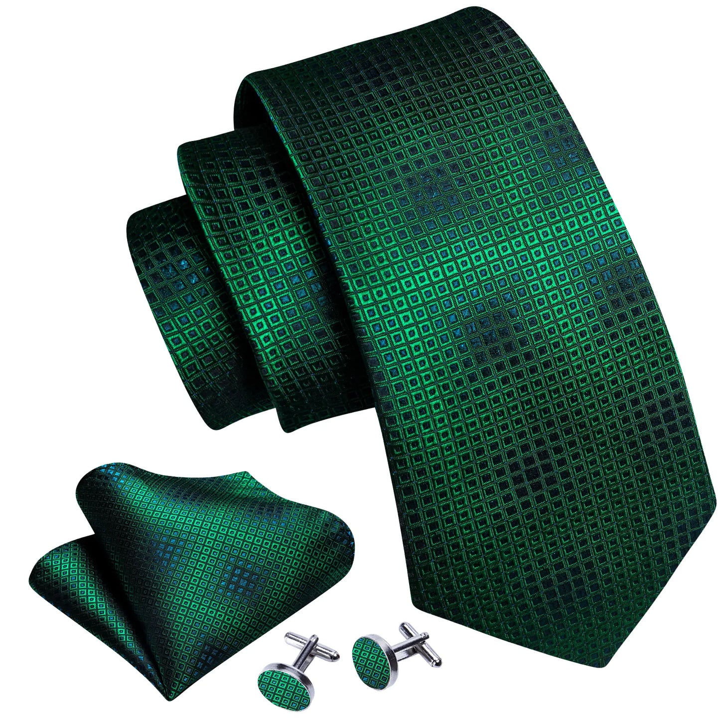 Premium Blue Square In Green Silk Tie Set