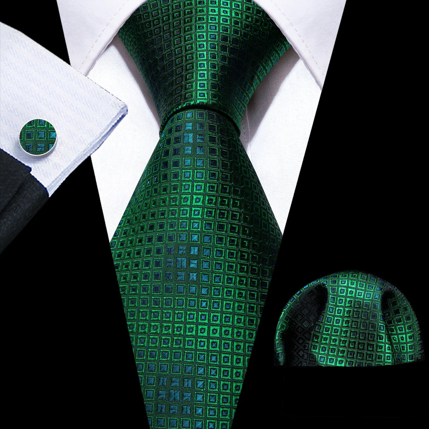 Premium Blue Square In Green Silk Tie Set