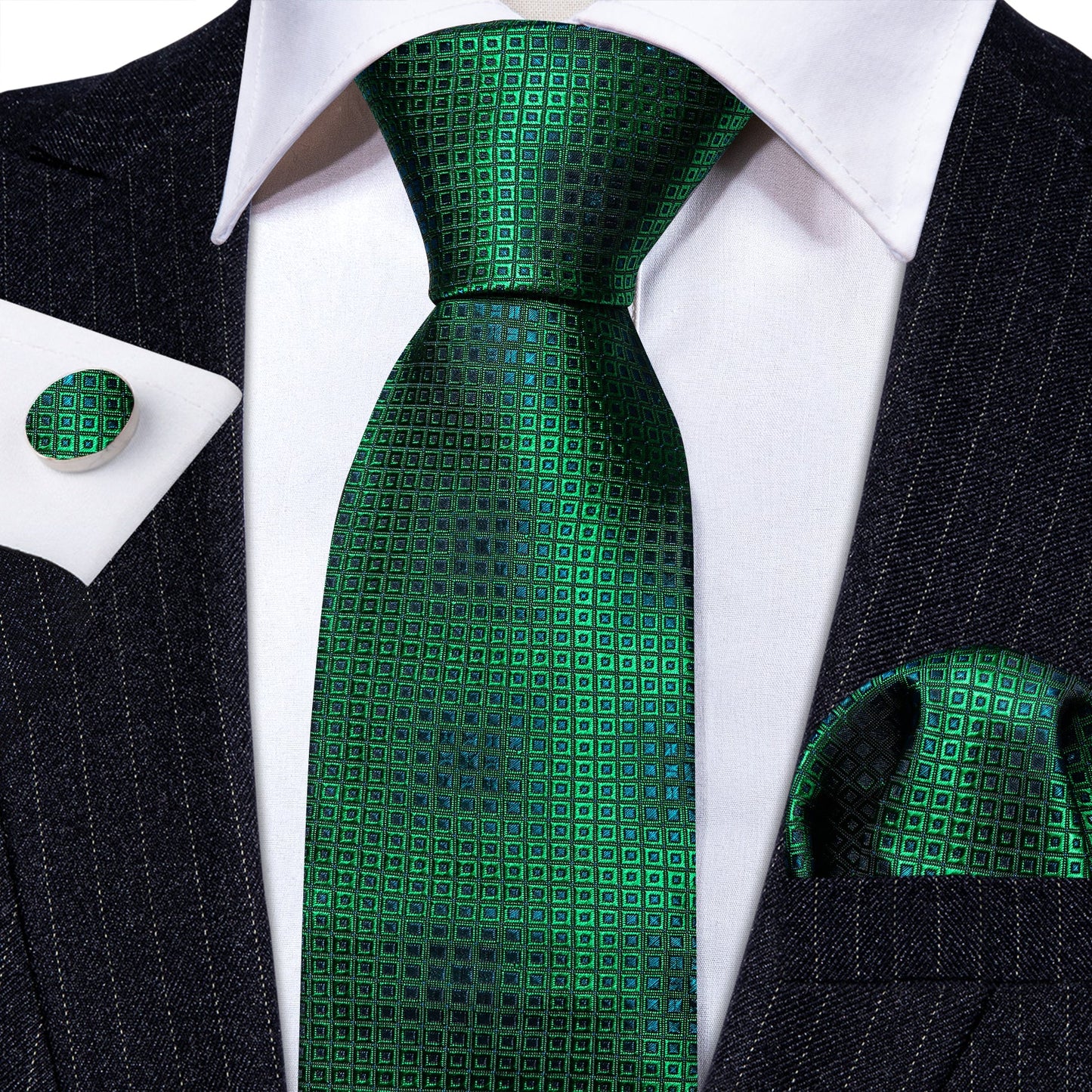 Premium Blue Square In Green Silk Tie Set