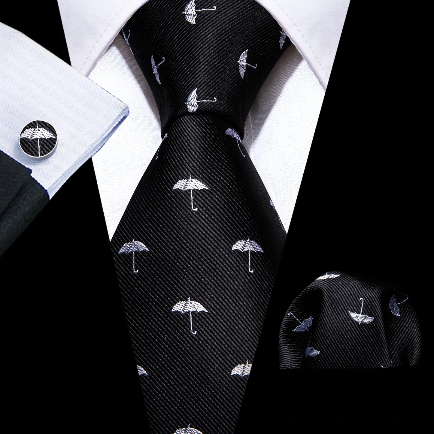 White Umbrella In Black Silk Tie Set