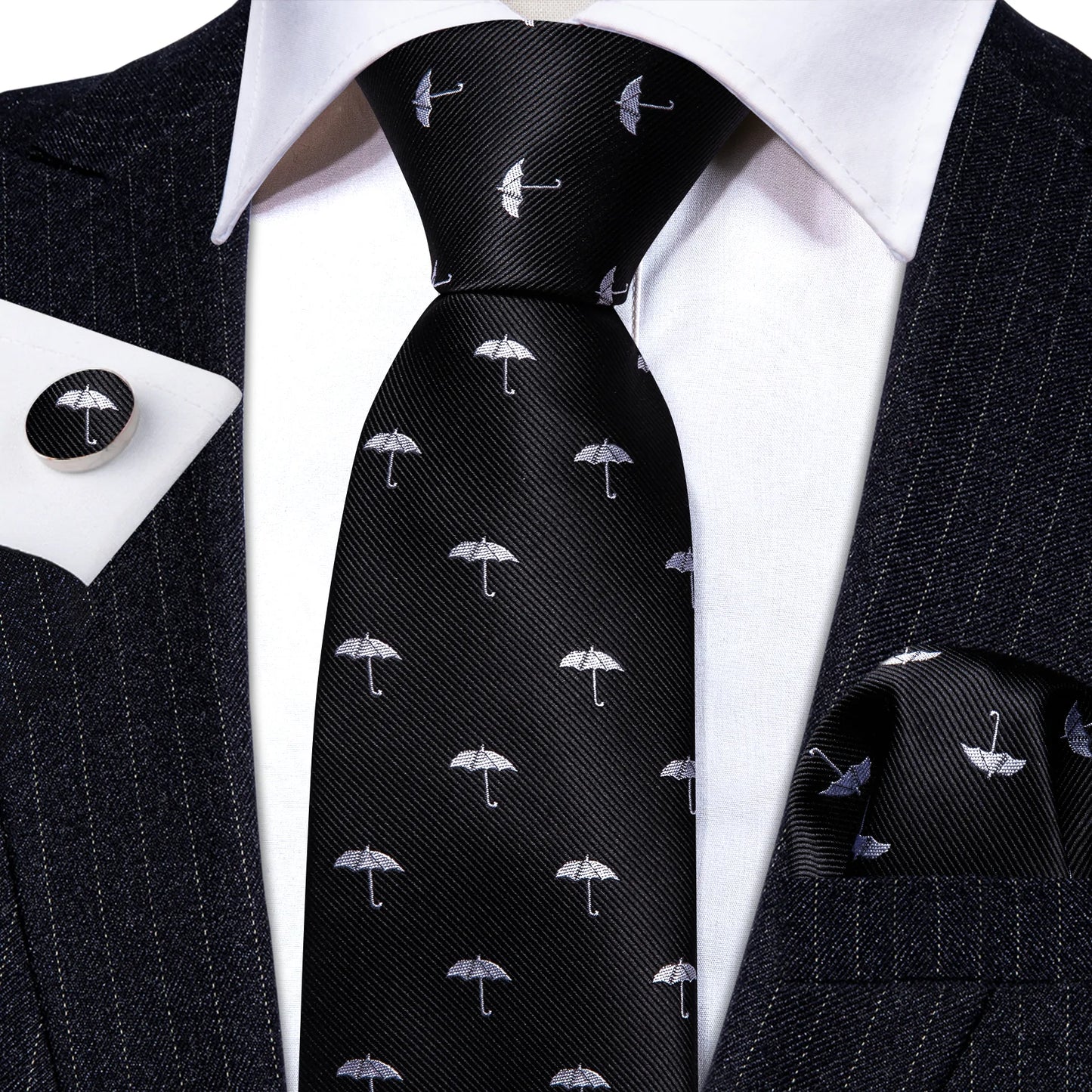 White Umbrella In Black Silk Tie Set