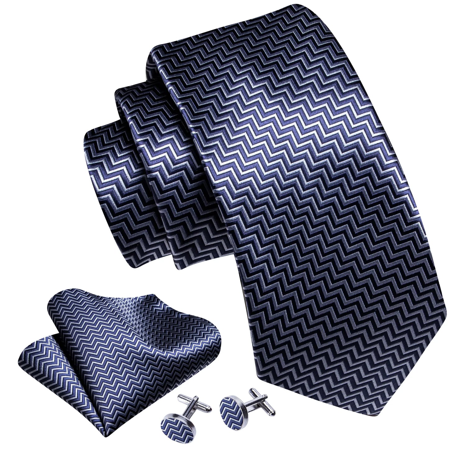 Gray and White Zigzag Lines Silk Tie Set