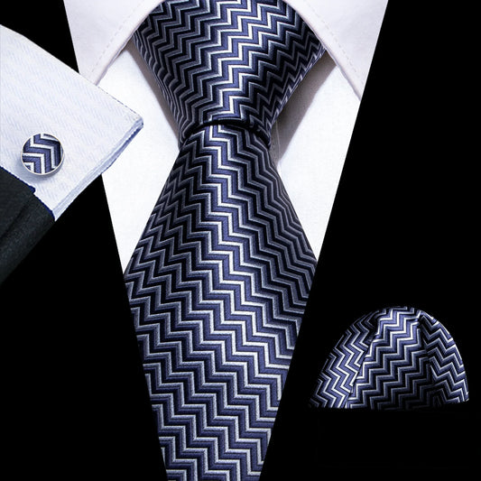 Gray and White Zigzag Lines Silk Tie Set