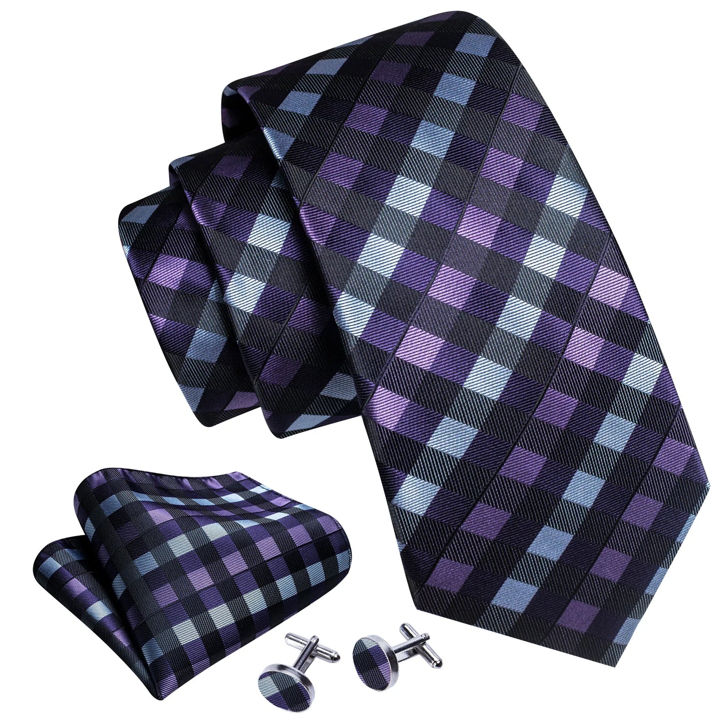 Violet, Blue and Black Checkered Silk Tie Set