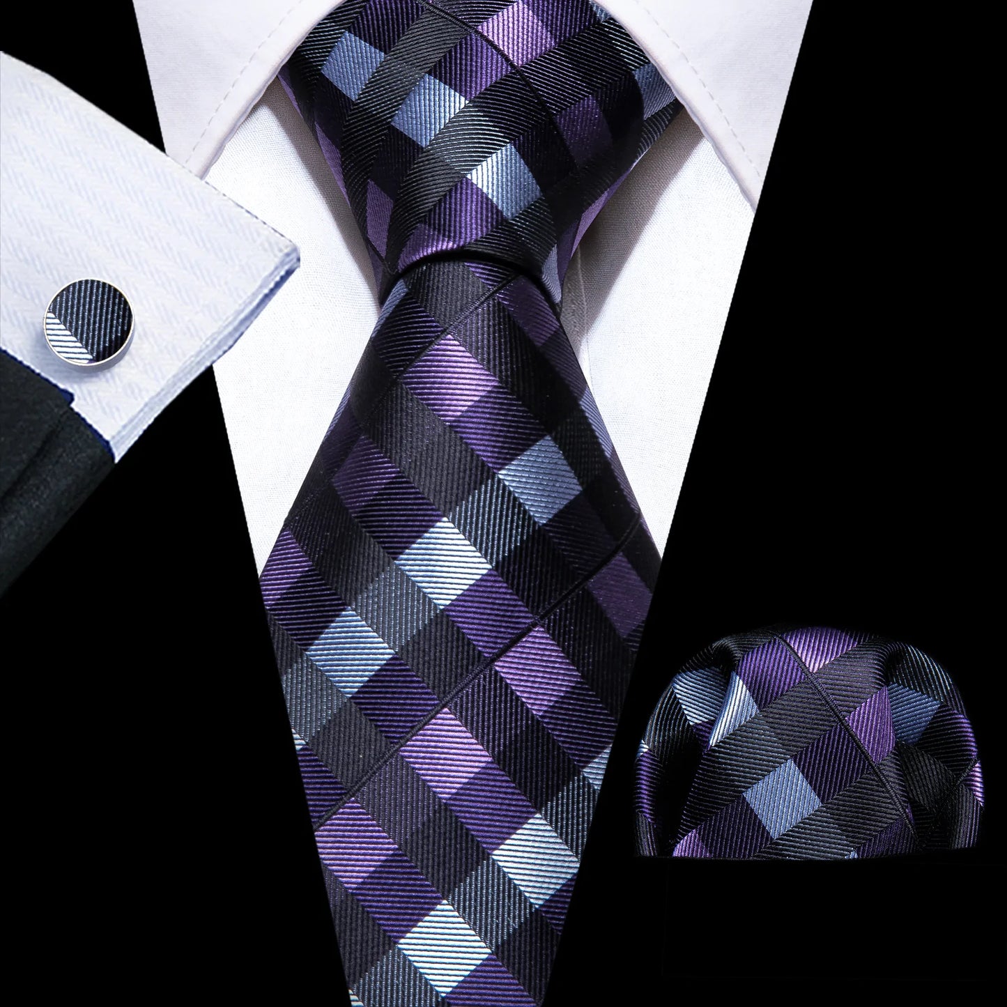 Violet, Blue and Black Checkered Silk Tie Set