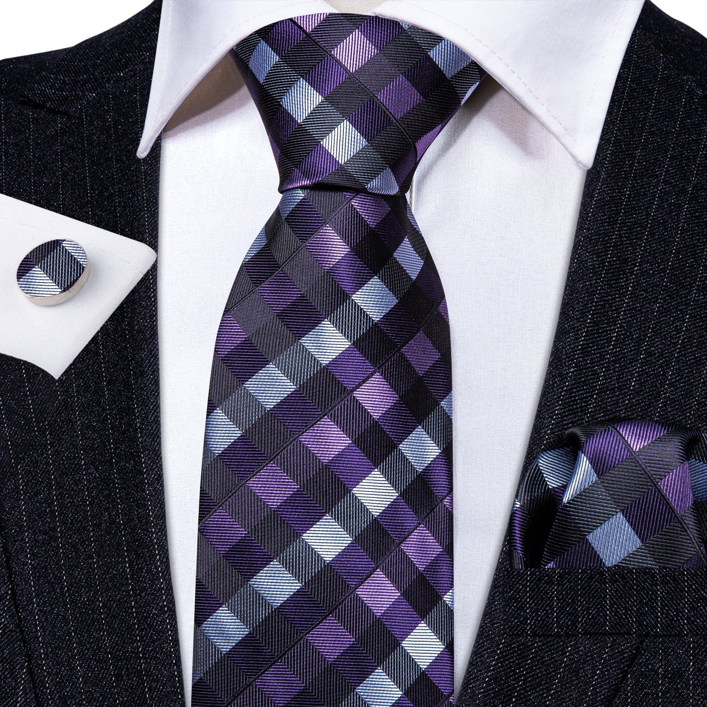 Violet, Blue and Black Checkered Silk Tie Set