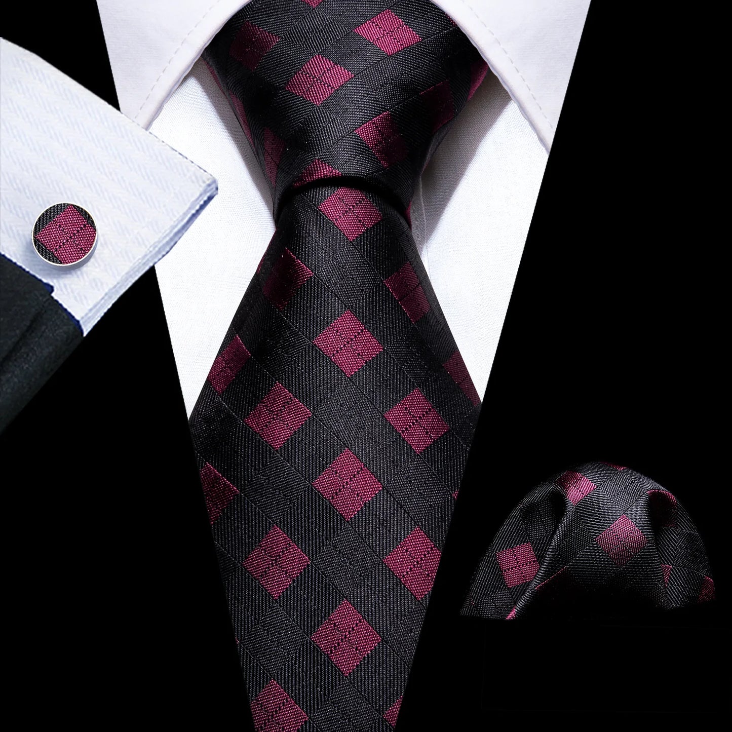 Black and Red Checkered Silk Tie Set