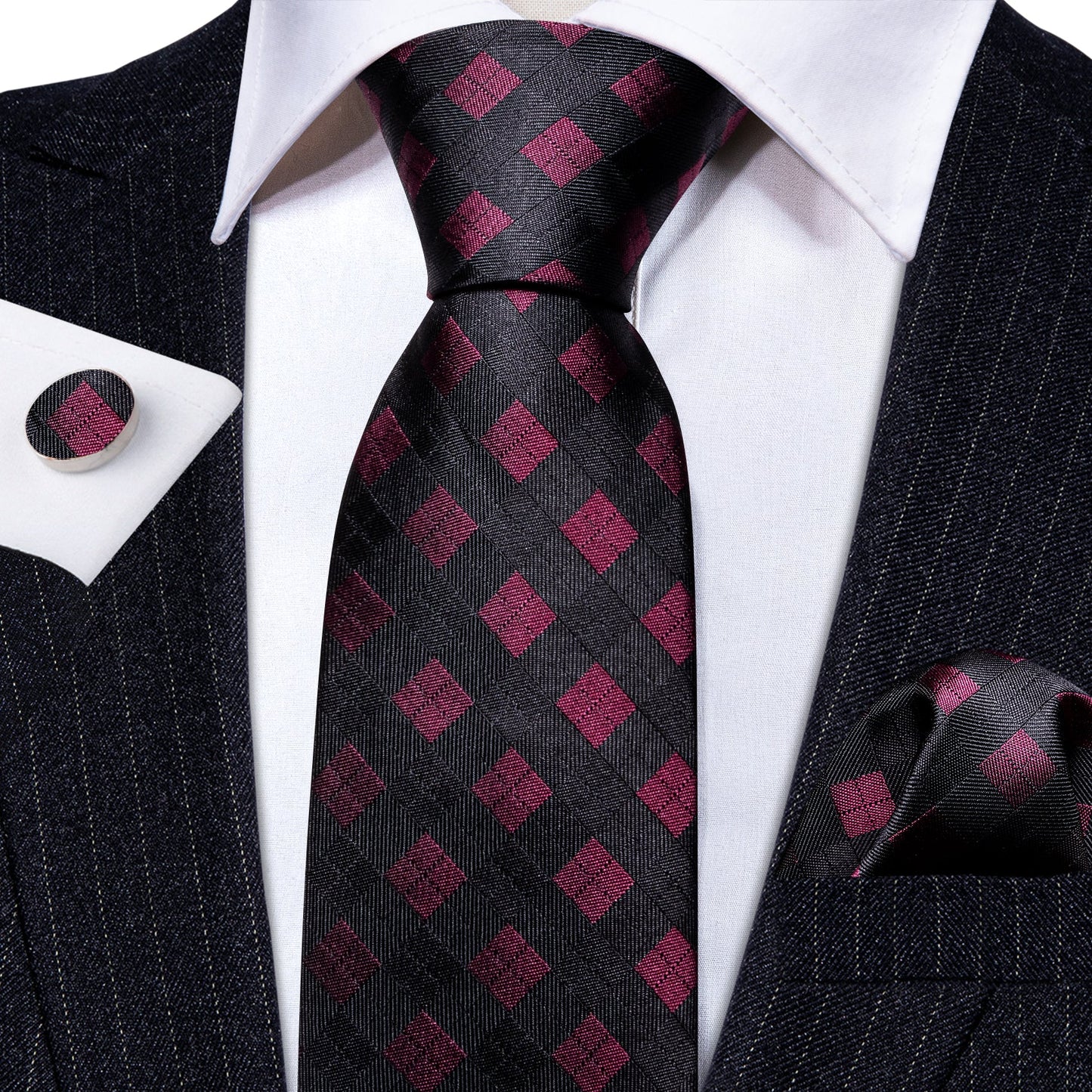 Black and Red Checkered Silk Tie Set