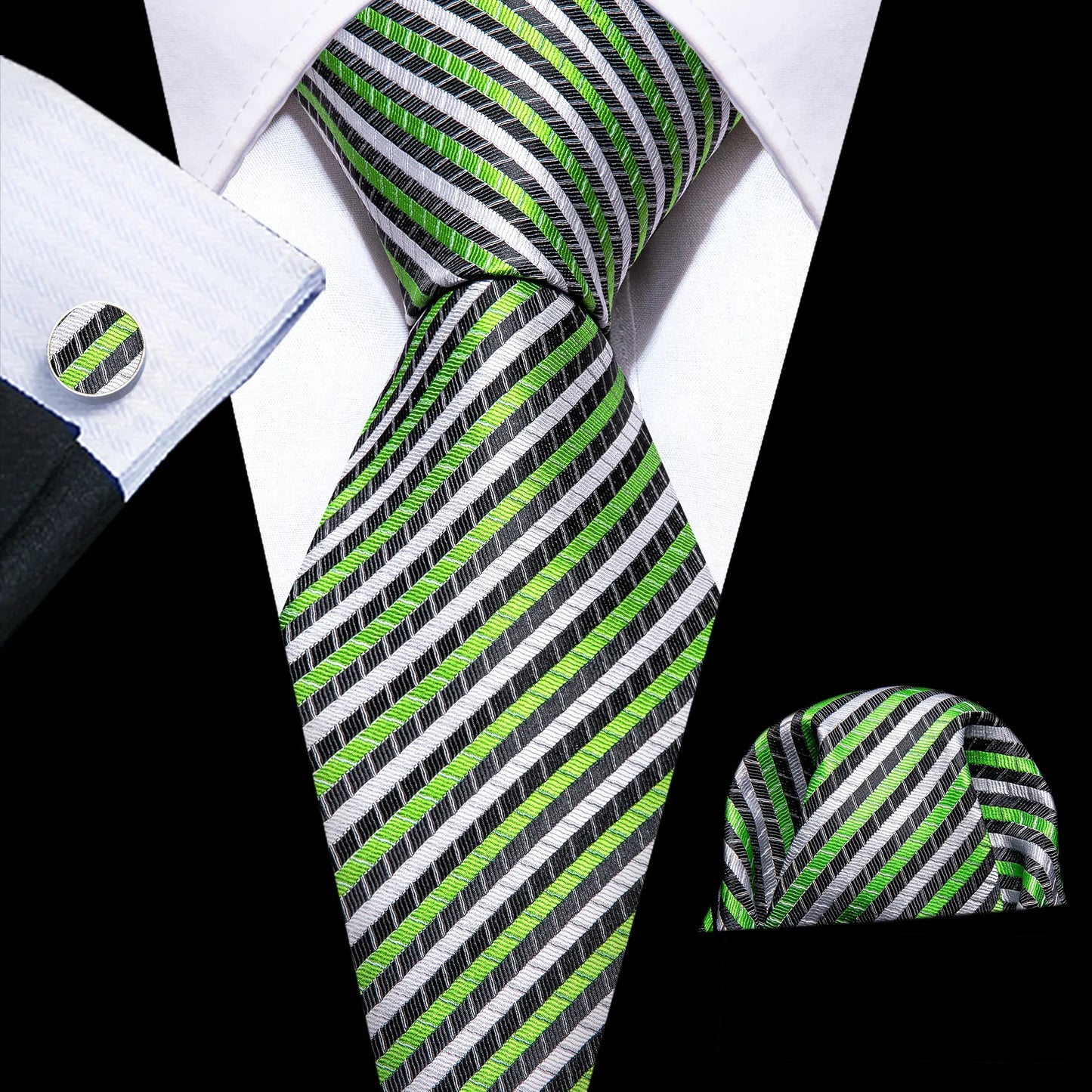 Luxury Apple Green and White Stripes Tie Set