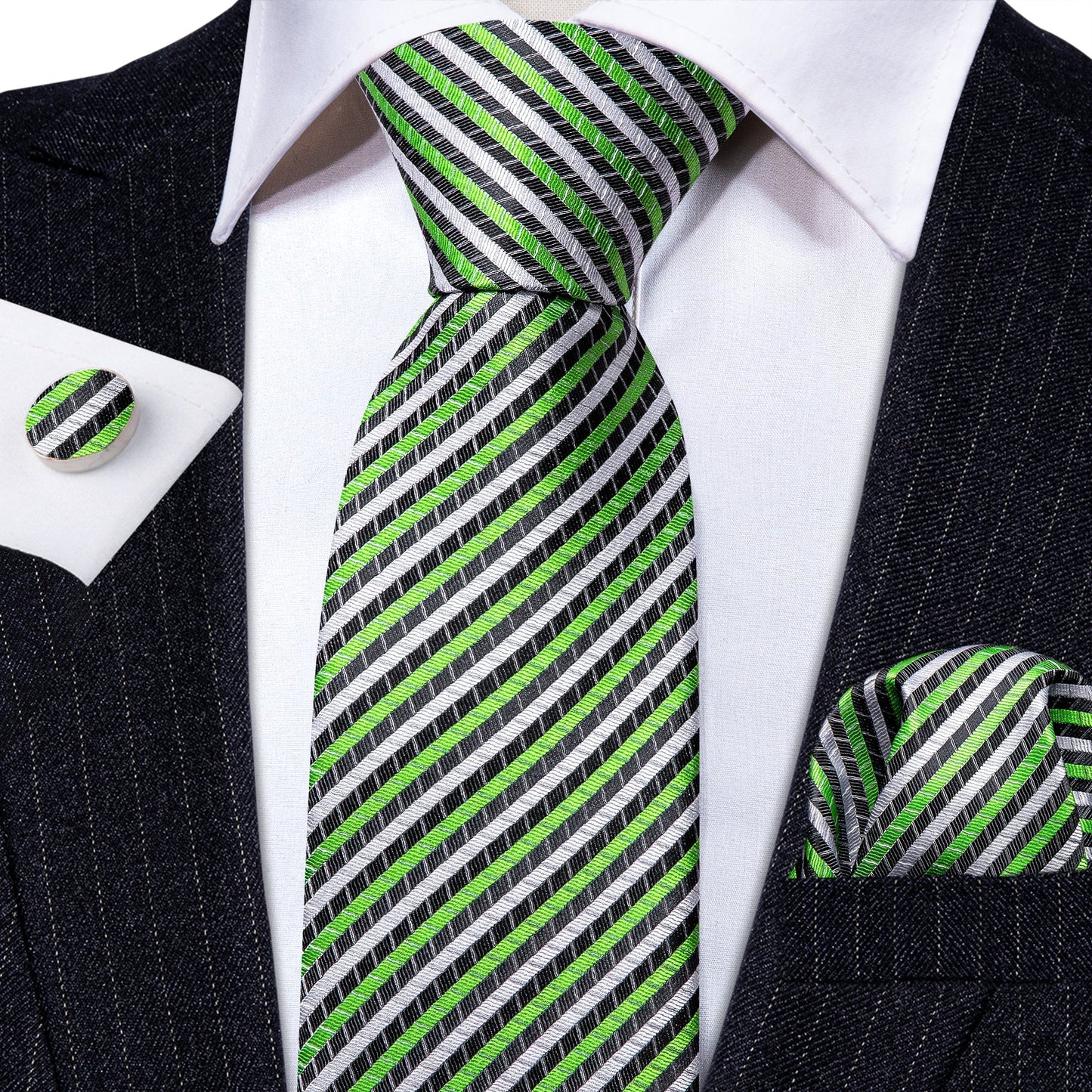 Luxury Apple Green and White Stripes Tie Set