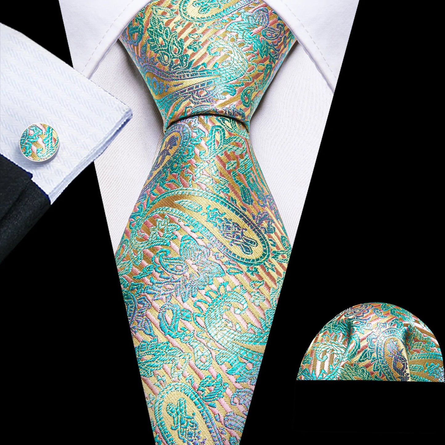 Luxury Teal Blue and Yellow Leaves Paisley Tie Set