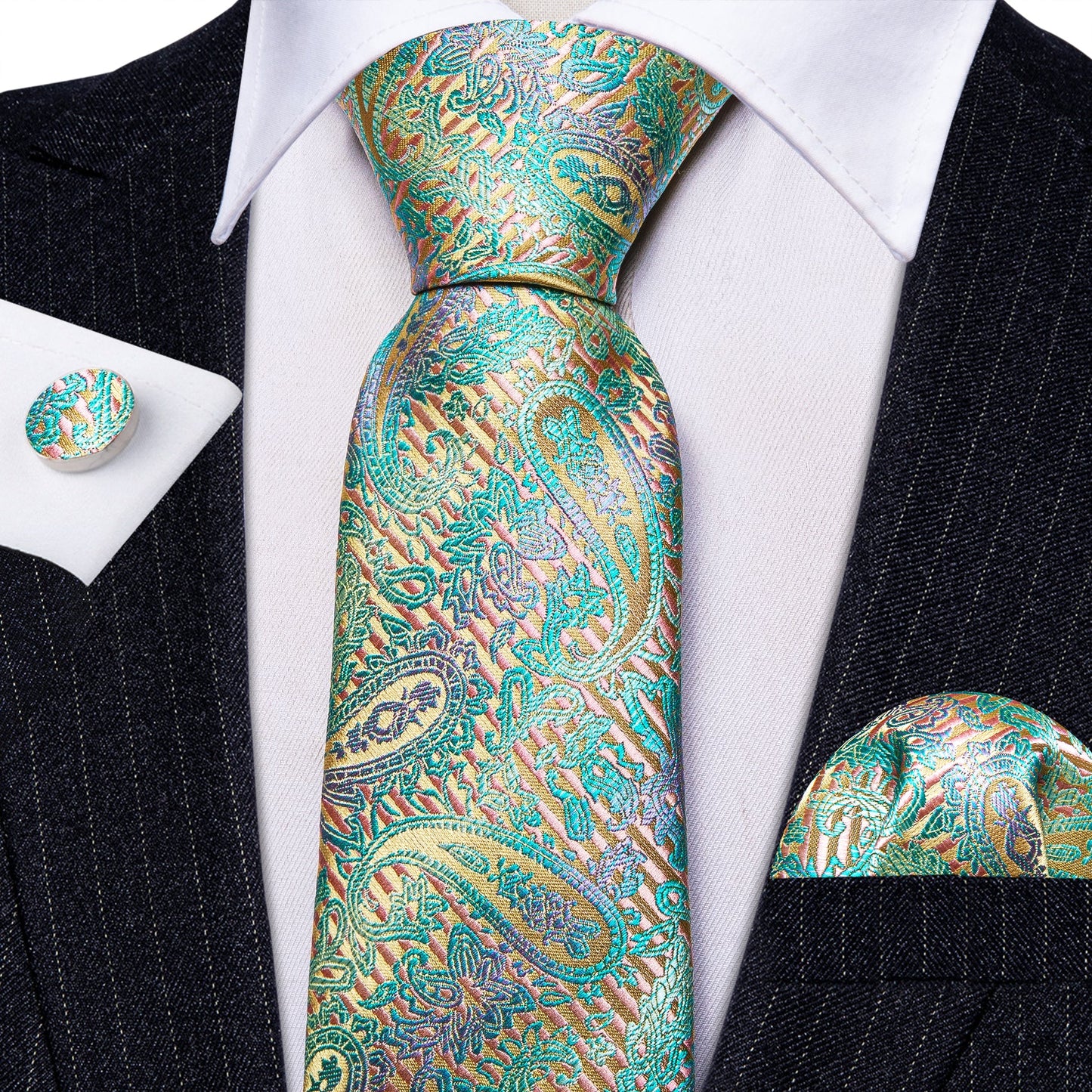 Luxury Teal Blue and Yellow Leaves Paisley Tie Set