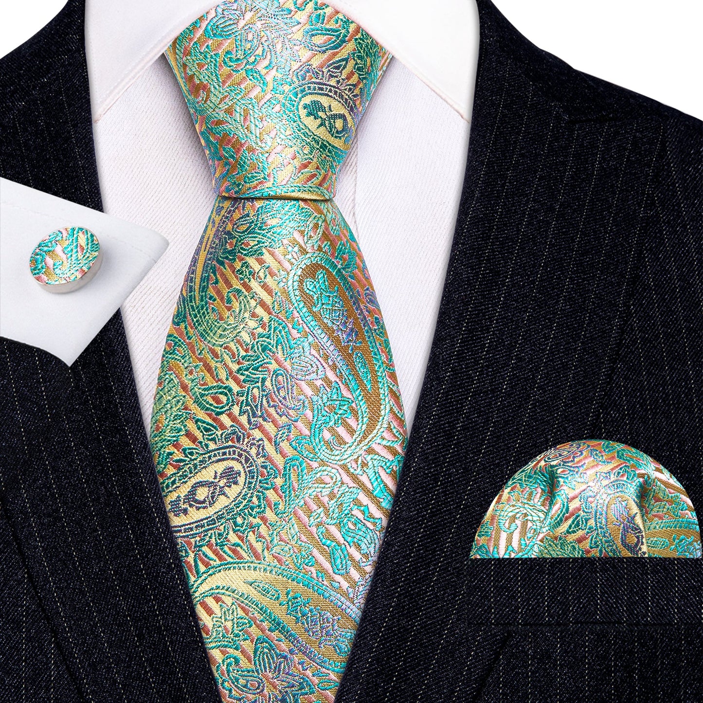 Luxury Teal Blue and Yellow Leaves Paisley Tie Set