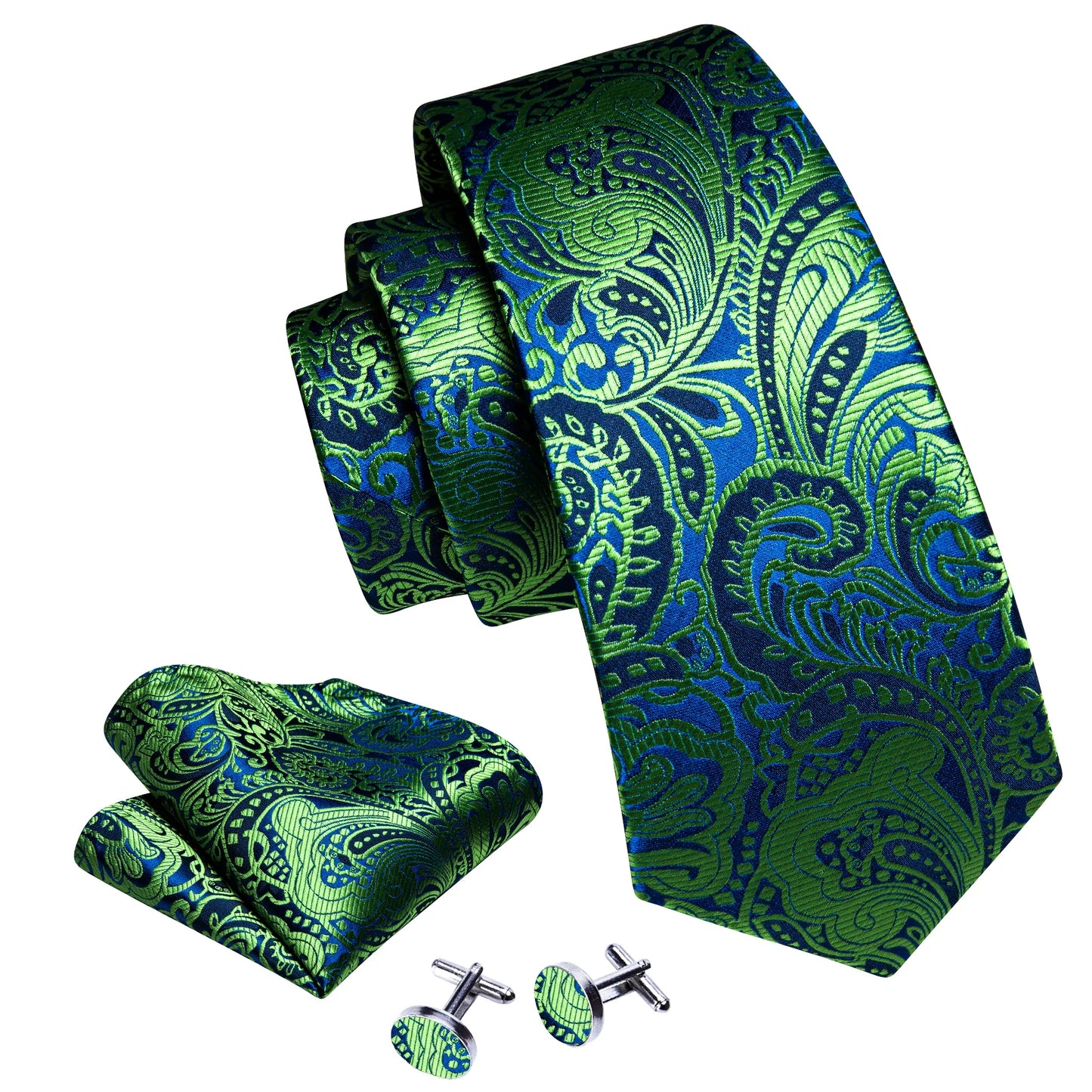 Luxury Green Floral In Blue Silk Tie Set