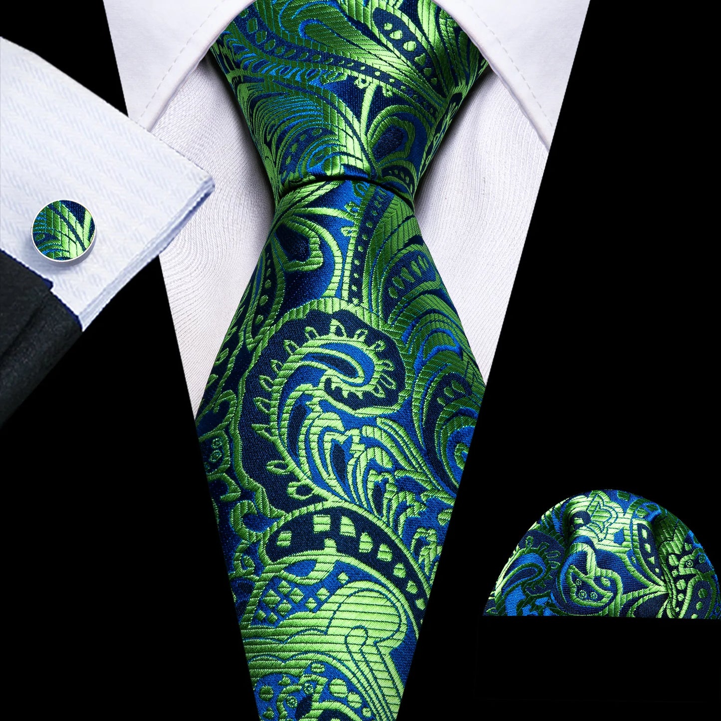 Luxury Green Floral In Blue Silk Tie Set