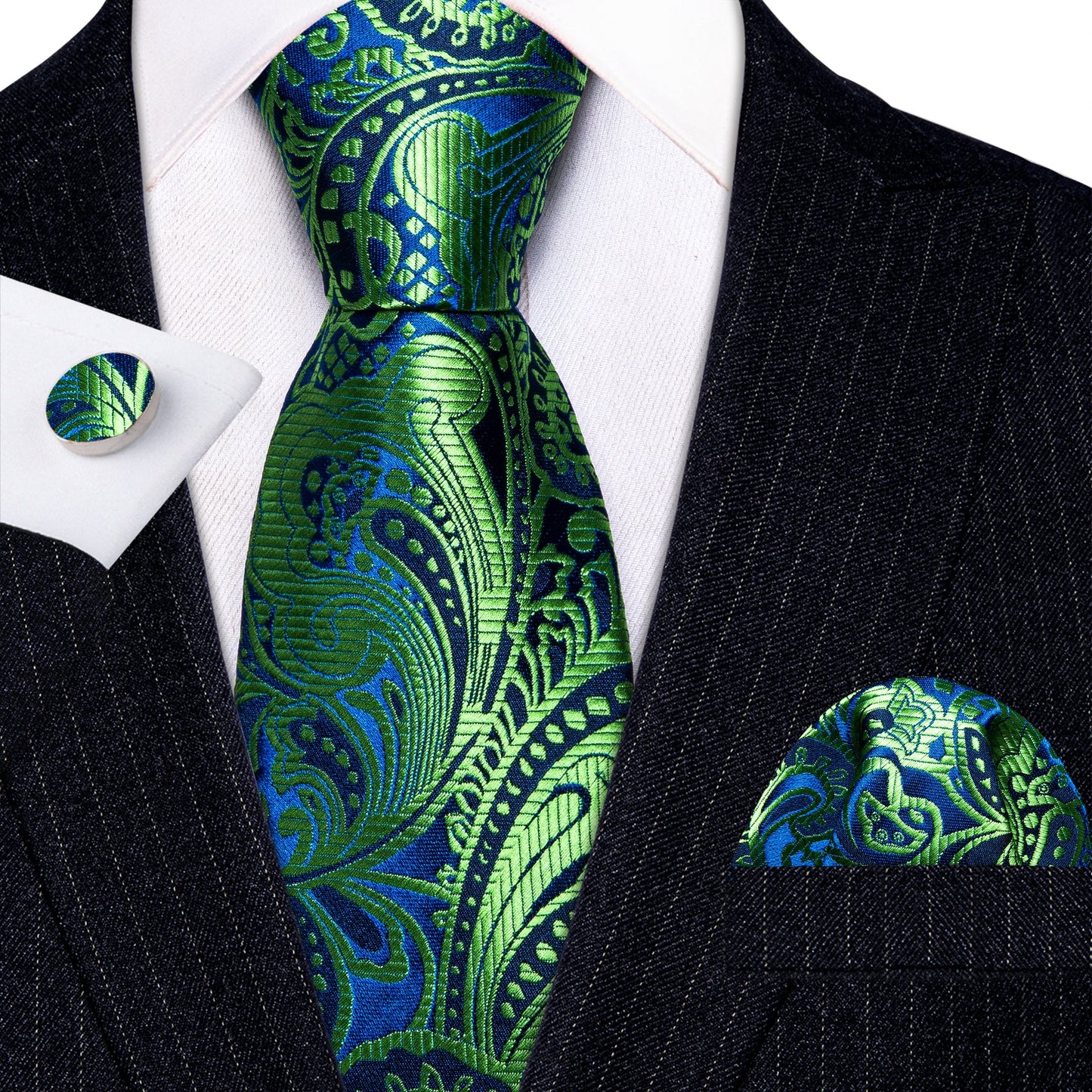 Luxury Green Floral In Blue Silk Tie Set