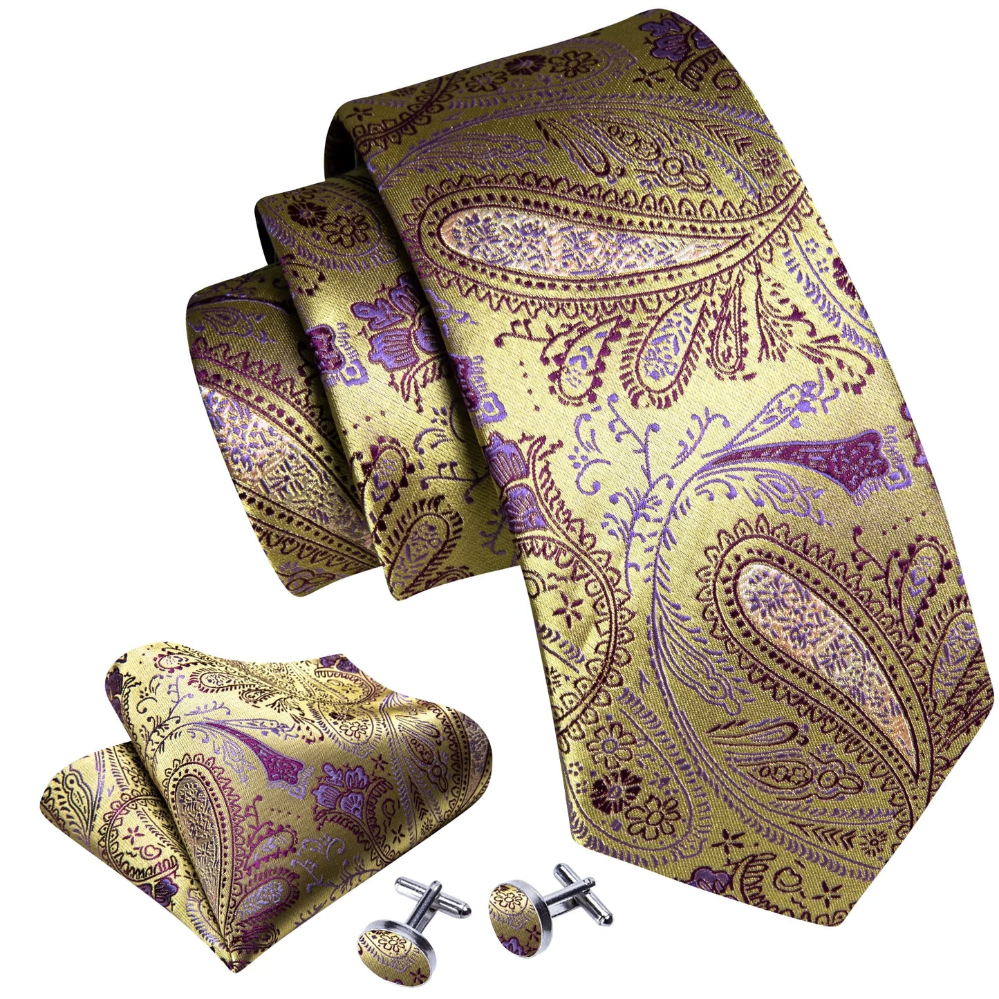 Luxury Gold and Lilac Leaves Paisley Tie Set