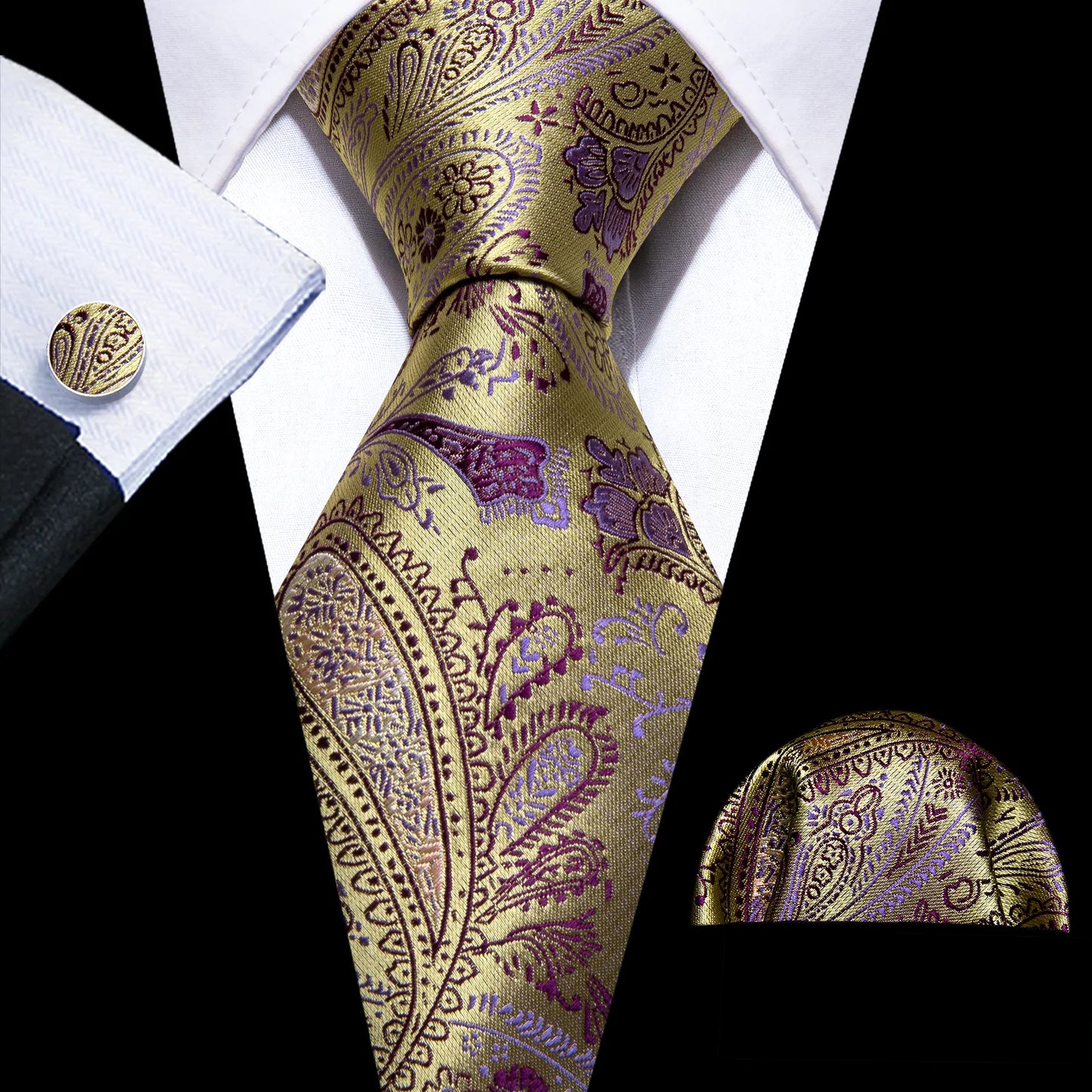 Luxury Gold and Lilac Leaves Paisley Tie Set