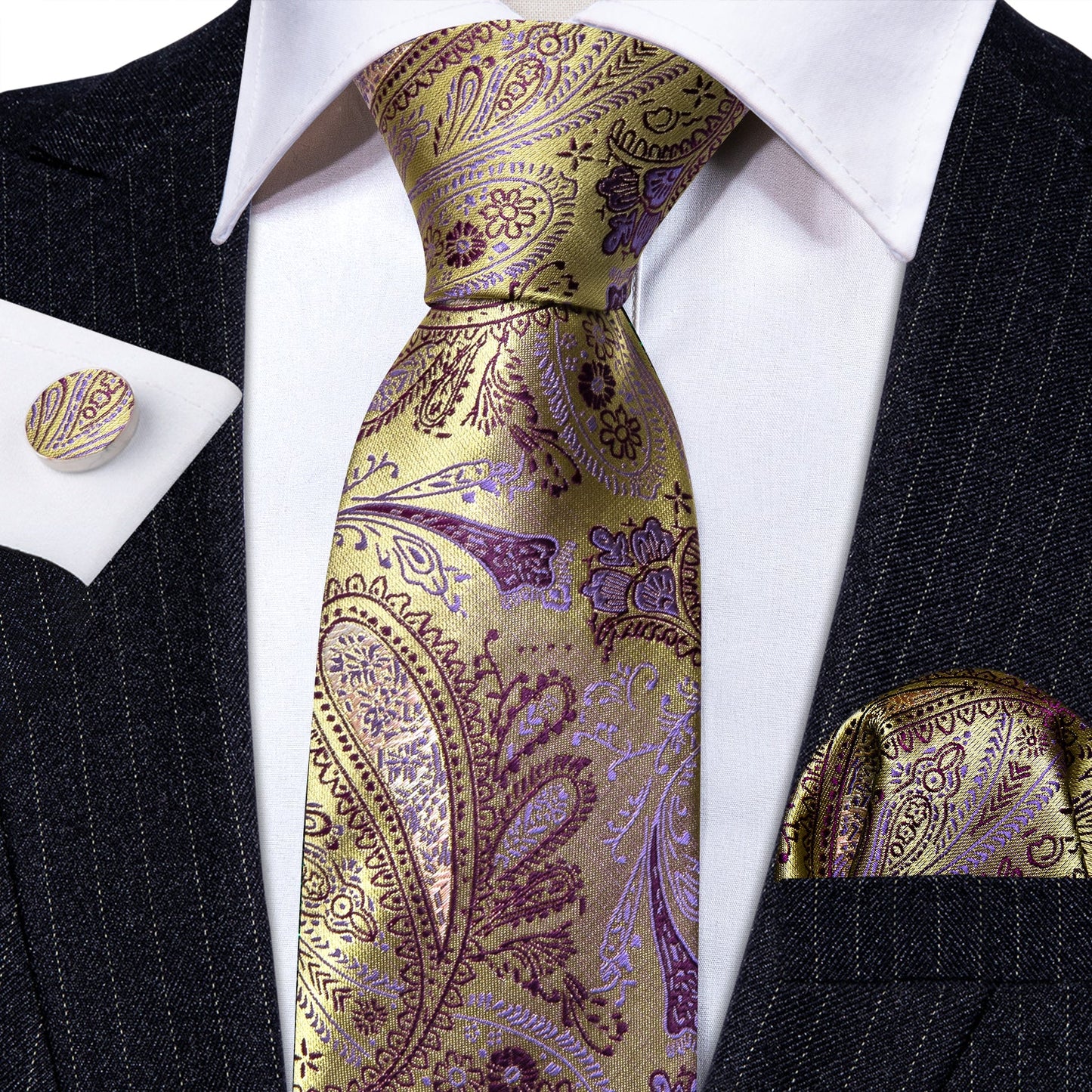 Luxury Gold and Lilac Leaves Paisley Tie Set