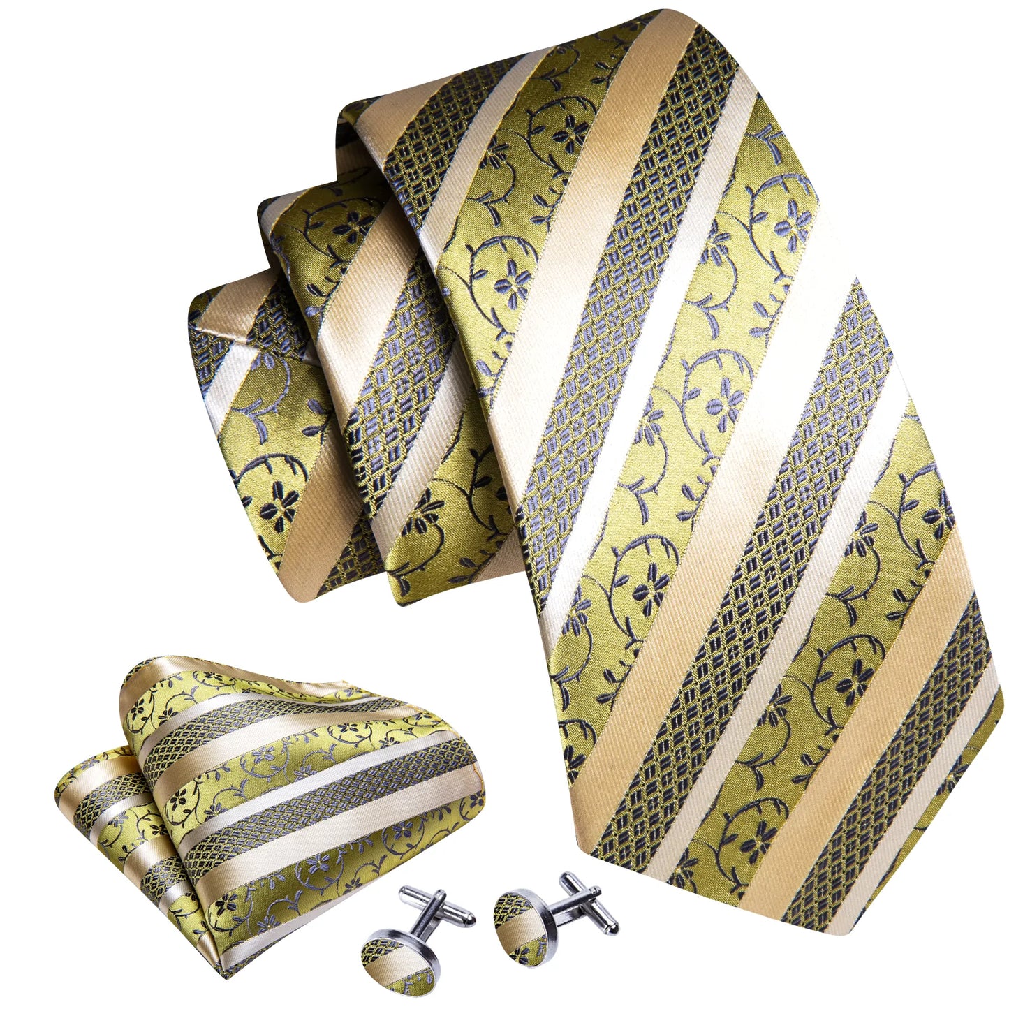 Beautiful Yellow Floral Stripes Silk Tie Set