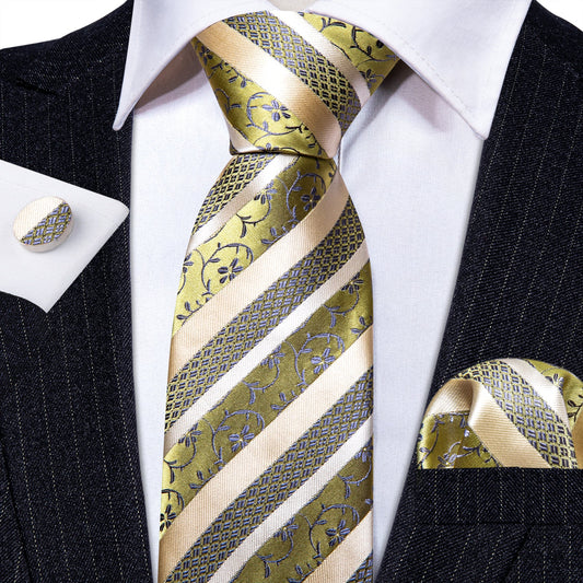 Beautiful Yellow Floral Stripes Silk Tie Set