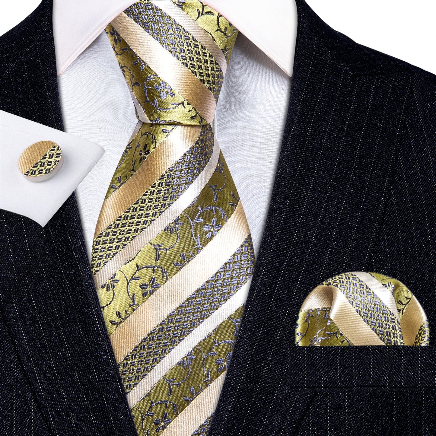 Beautiful Yellow Floral Stripes Silk Tie Set