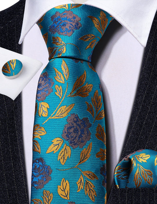 Luxury Gold Leaves In Turquoise Tie Set