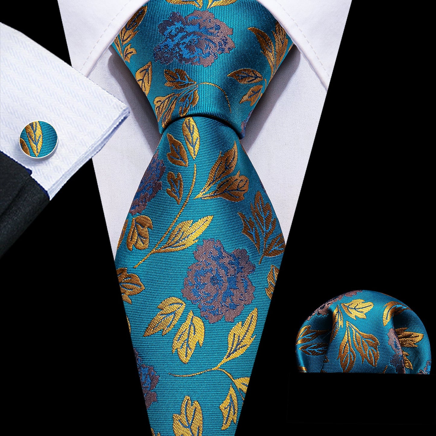 Luxury Gold Leaves In Turquoise Tie Set