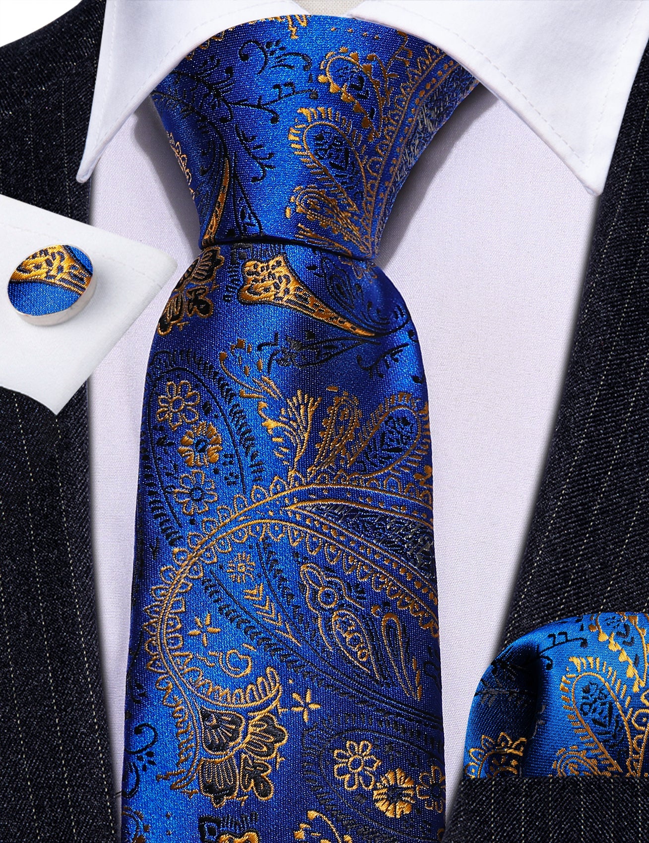 Luxury Gold Floral In Blue Silk Tie Set