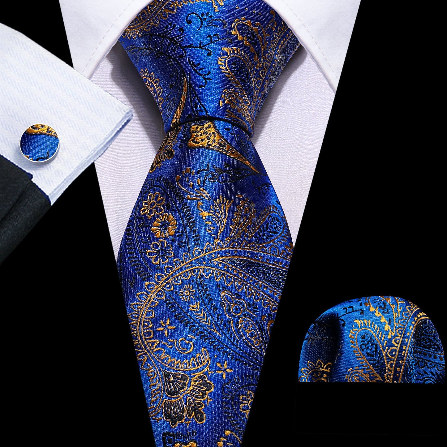 Luxury Gold Floral In Blue Silk Tie Set